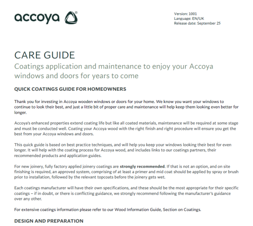 Accoya Care Guide For Windows and Doors